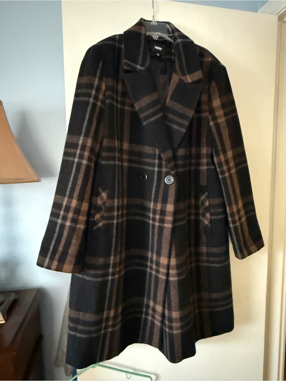 DKNY Black and Brown Plaid Wool Pea Coat